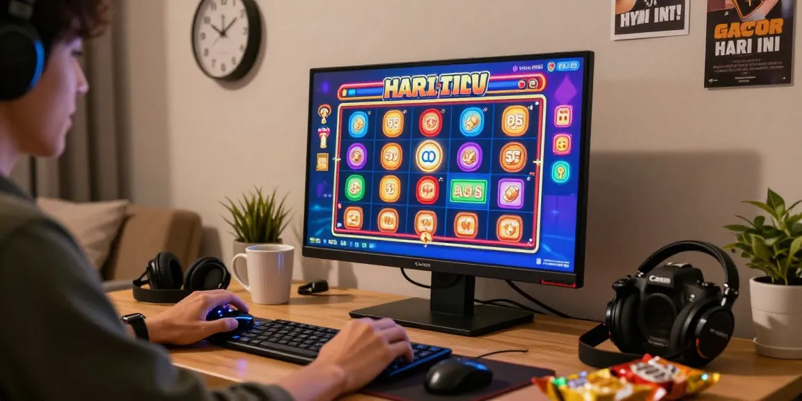 Engaging online casino scene with a player excitedly enjoying slot gacor hari ini, showcasing immersive graphics and gaming atmosphere.
