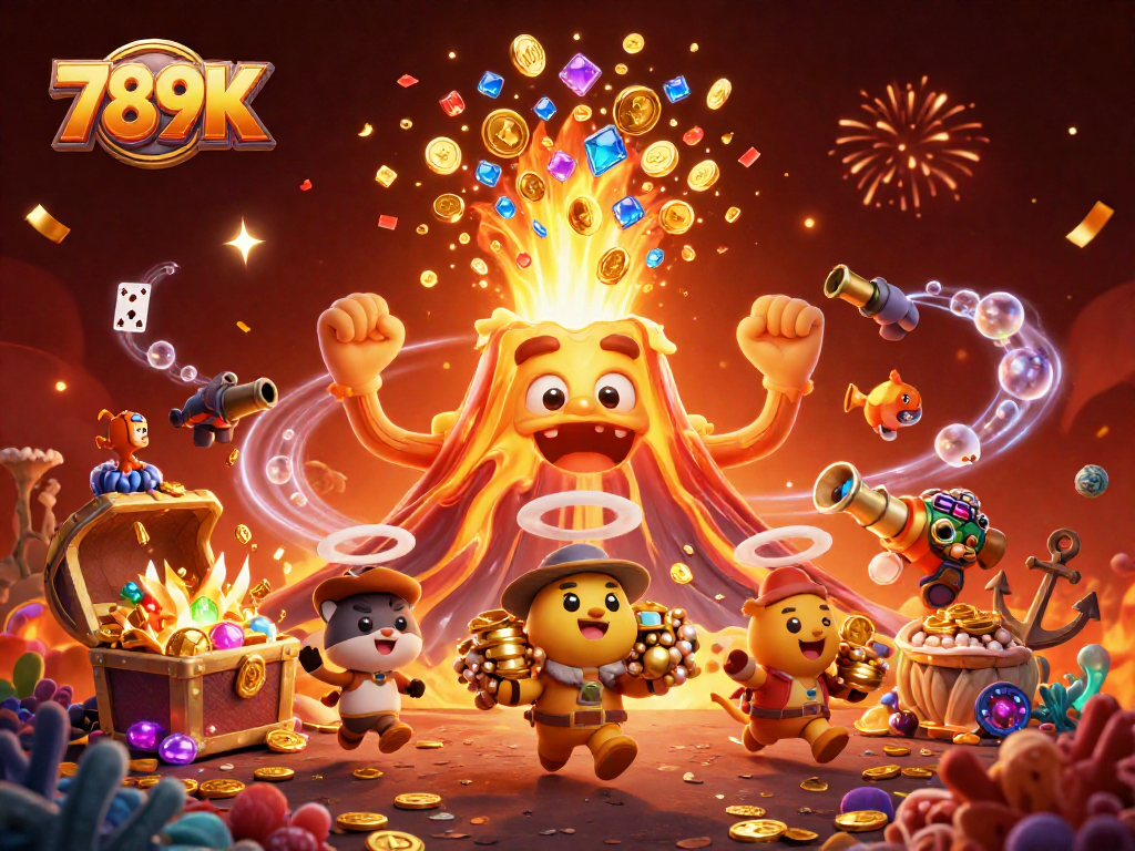 Win big at 789K with a vibrant scene of a volcano erupting treasures and joyful explorers.