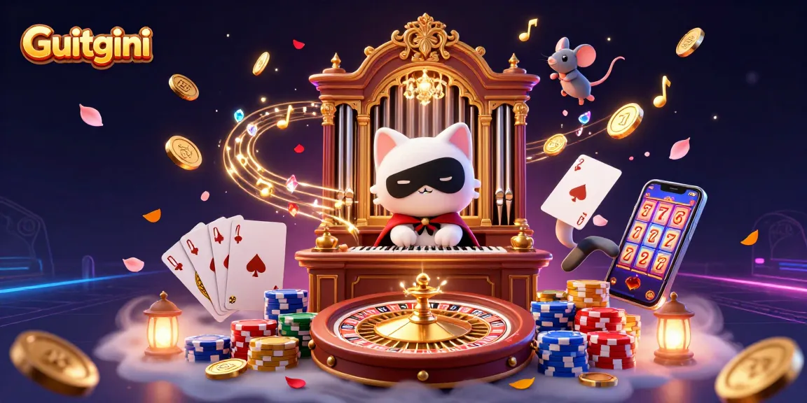 Experience winning moments at Guitgini with a vibrant 3D casino scene full of excitement and treasures.