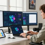 AI assistant enhancing productivity in a modern tech workspace with screens displaying data visualizations.