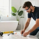 Bauunternehmen in der Nähe bei der Badsanierung in einem hellen Badezimmer mit neuem Fliesenboden.