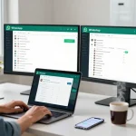 Individual using WhatsApp網頁版 on a laptop in a modern office environment