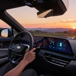 Cadillac Lyriq shows how do the driving modes affect different ranges or battery usages? with scenic backdrop during sunset.
