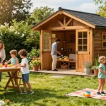 Ein Gartenhaus umgeben von blühenden Pflanzen, Familie genießt ein Picknick im Garten.