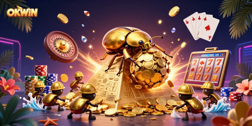 OKWIN betting experience illustrated with golden dung beetle and casino elements.