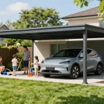 Moderne Carport-Struktur im Garten mit elektrischem Fahrzeug darunter, ideal für Fahrzeugschutz.