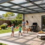 Moderne Terrassenüberdachung mit einer Familie im Garten, die einen sonnigen Tag genießt.