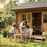 Wunderschönes Gartenhaus Holz mit einer Familie, die Möbel im Garten aufbaut und den sonnigen Tag genießt.