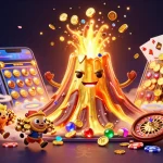c168da casino illustration featuring a golden volcano erupting coins with smartphone gaming elements.