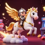 Bet on exciting games with nhacaibetuytin, featuring vibrant illustrations of a celestial horse and arcade machines.