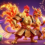 Winbox offers thrilling gaming with vibrant lottery balls, a fierce dragon, and a warrior in an enchanting casino scene.