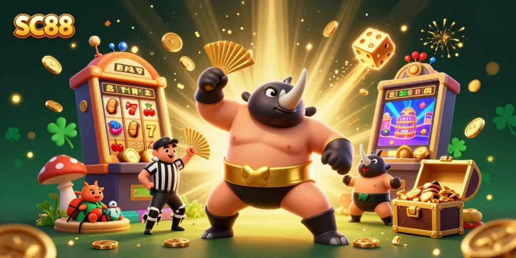 Watch SC88's thrilling jackpot explosion with a beetle sumo champion, slot machines, and vibrant casino elements.