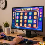 Engaging online casino scene with a player excitedly enjoying slot gacor hari ini, showcasing immersive graphics and gaming atmosphere.